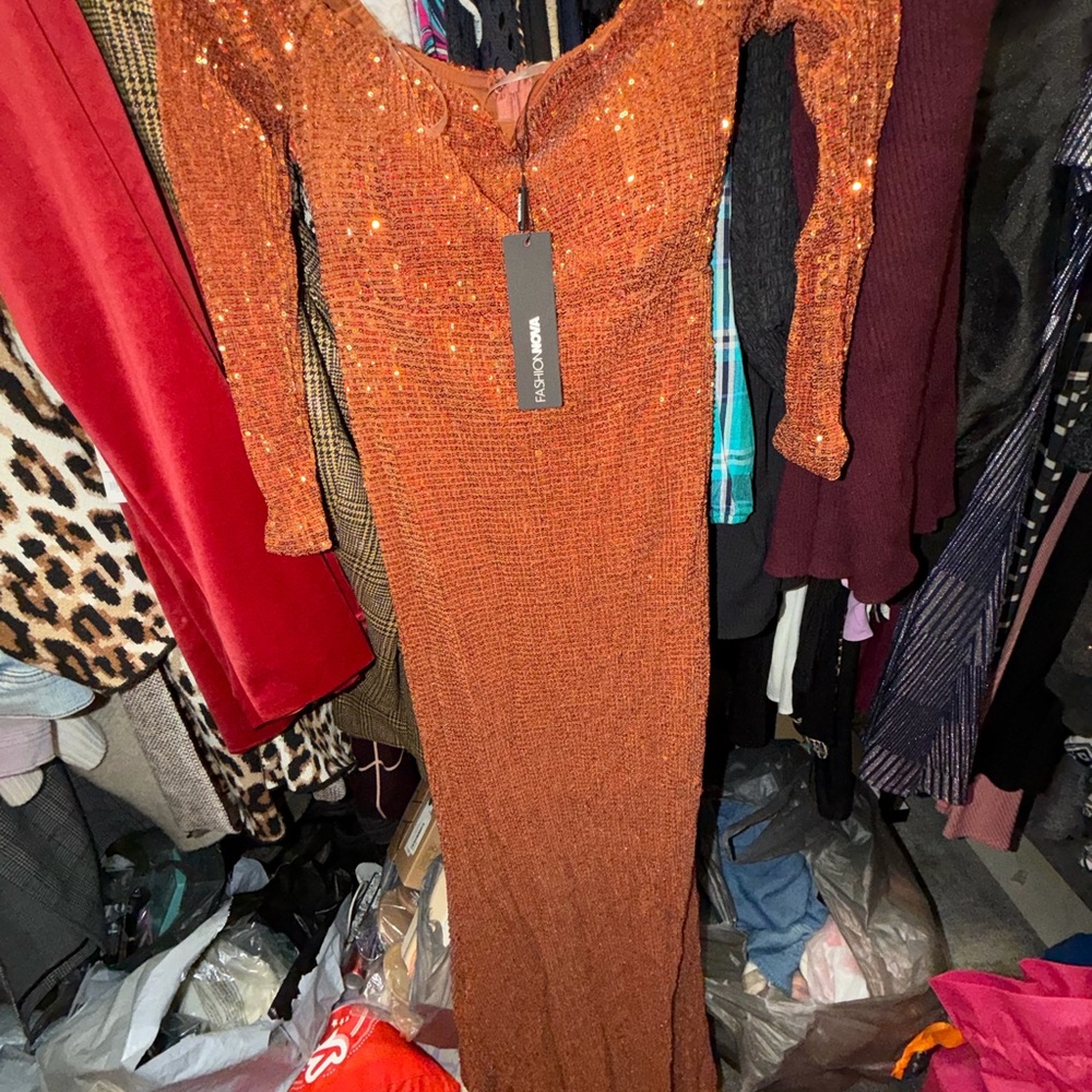 Fashion Nova Sparkling Long Sleeve Dress - Orange